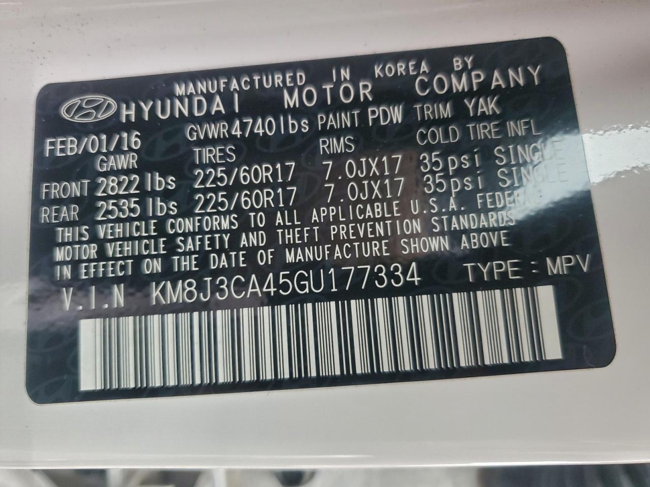 2016 Hyundai Tucson Limited VIN: KM8J3CA45GU177334 Lot: 93281905