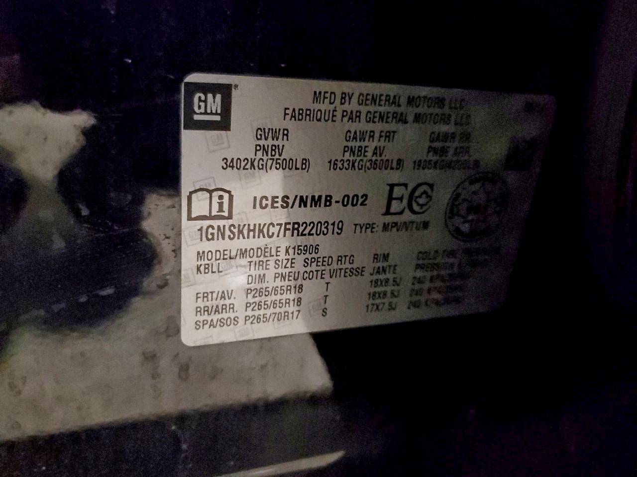 2015 Chevrolet Suburban K1500 Ls VIN: 1GNSKHKC7FR220319 Lot: 94285025