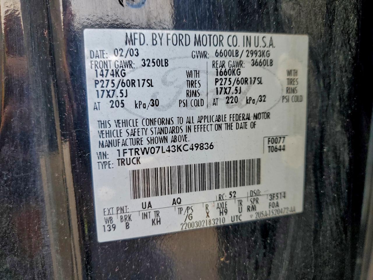 2003 Ford F150 Supercrew VIN: 1FTRW07L43KC49836 Lot: 94056965