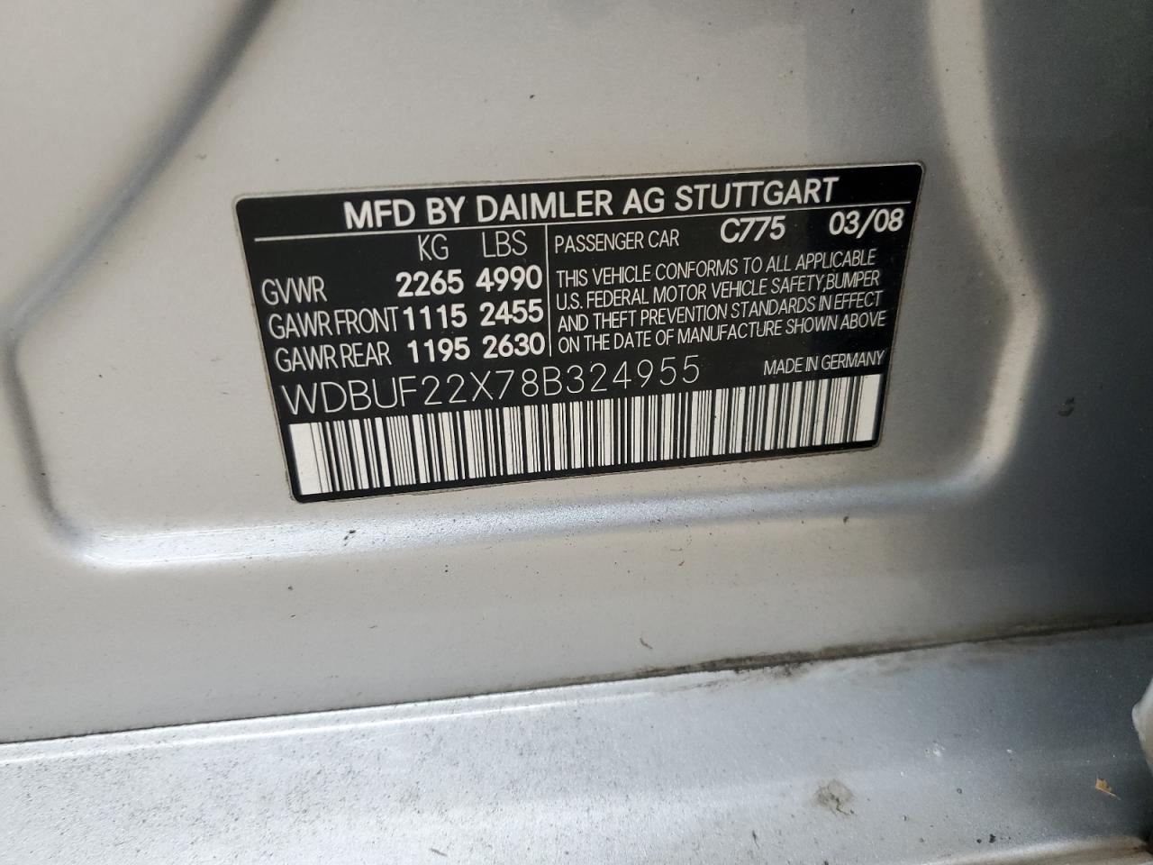 2008 Mercedes-Benz E 320 Cdi VIN: WDBUF22X78B324955 Lot: 91221365