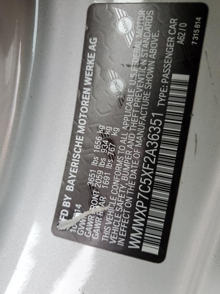 2015 Mini Cooper S VIN: WMWXP7C5XF2A36351 Lot: 92115725