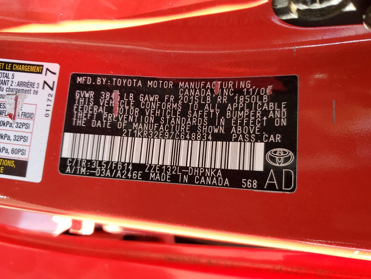 2007 Toyt Matrix Xr VIN: 2T1KR32E97C648834 Lot: 90990745