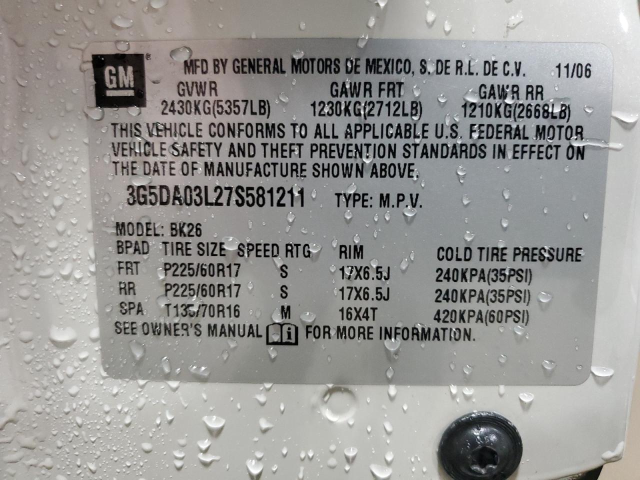 2007 Buick Rendezvous Cx VIN: 3G5DA03L27S581211 Lot: 91722725