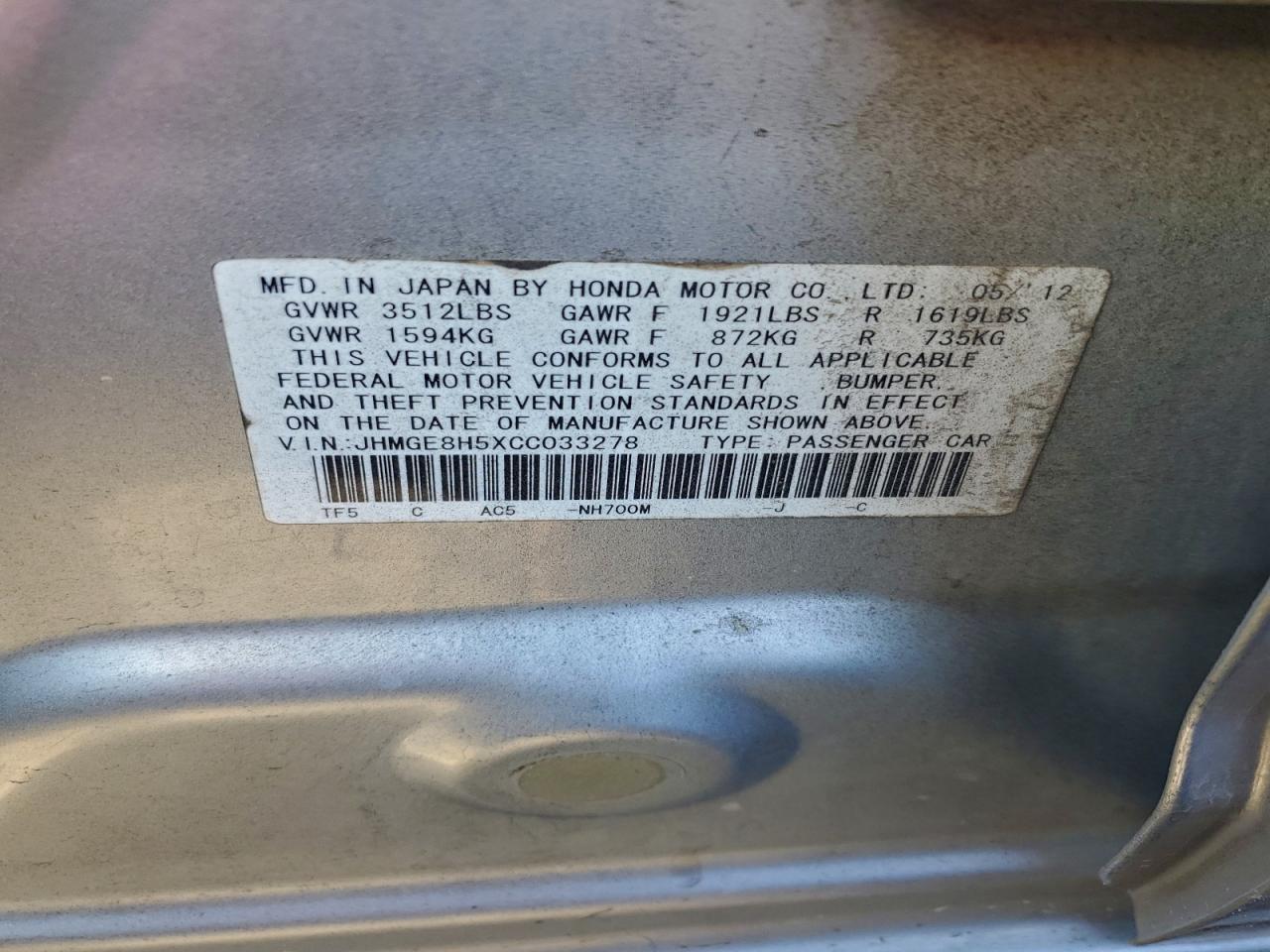 2012 Honda Fit Sport VIN: JHMGE8H5XCC033278 Lot: 94305935