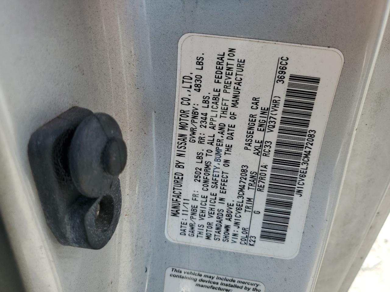 2012 Infiniti G37 VIN: JN1CV6EL3CM472083 Lot: 82550465