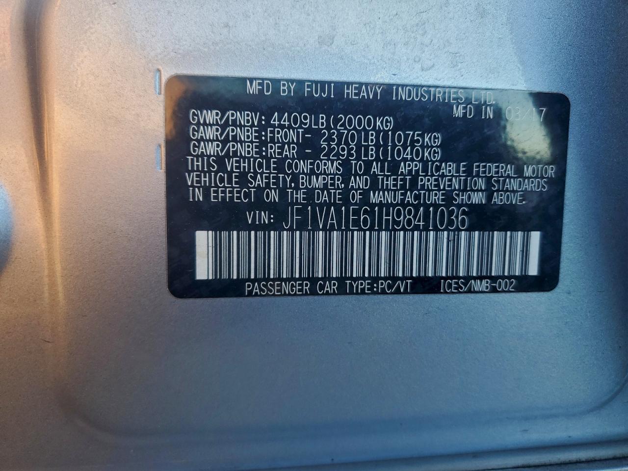 2017 Subaru Wrx Premium VIN: JF1VA1E61H9841036 Lot: 93779565