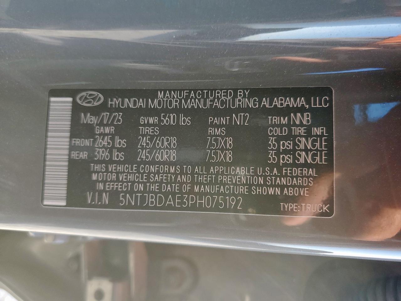 2023 Hyundai Santa Cruz Sel VIN: 5NTJBDAE3PH075192 Lot: 92934905