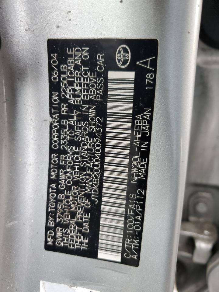 2004 Toyota Prius VIN: JTDKB20U040094372 Lot: 93556435