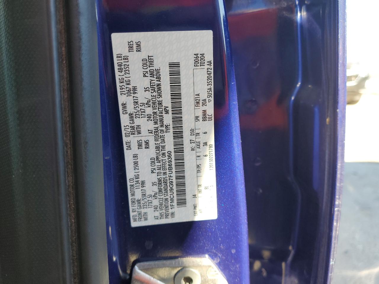 2015 Ford Escape Se VIN: 1FMCU9G97FUB69360 Lot: 91332385