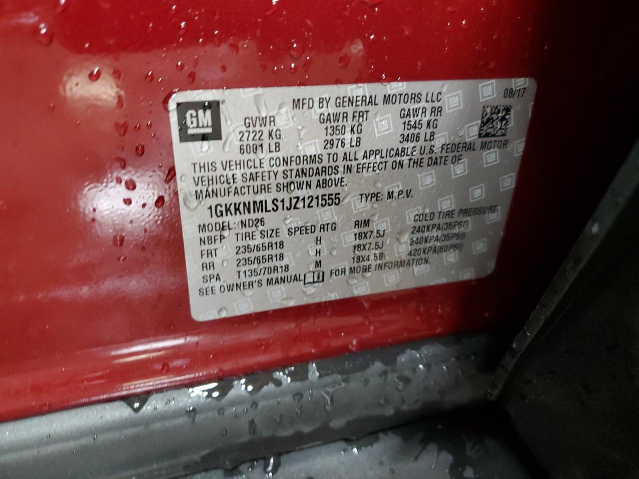 2018 GMC Acadia Slt-1 VIN: 1GKKNMLS1JZ121555 Lot: 93275485