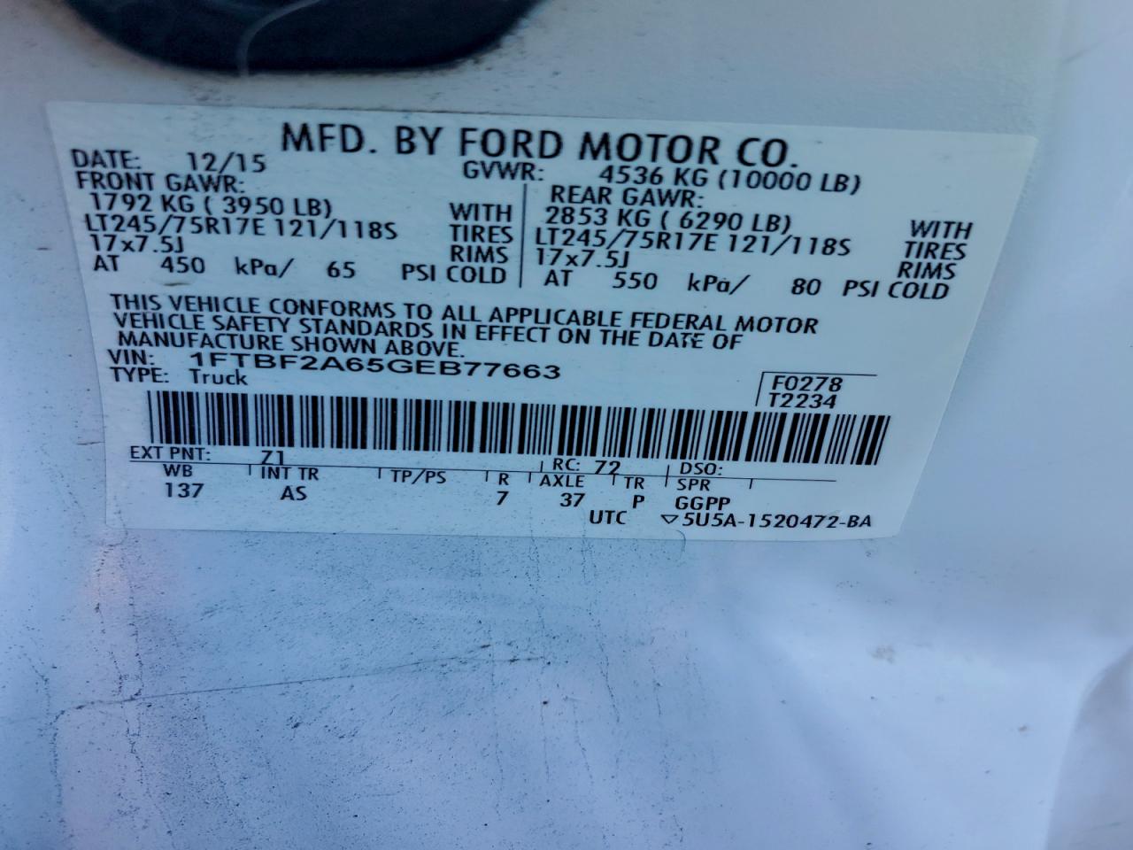 2016 Ford F250 Super Duty VIN: 1FTBF2A65GEB77663 Lot: 93354095