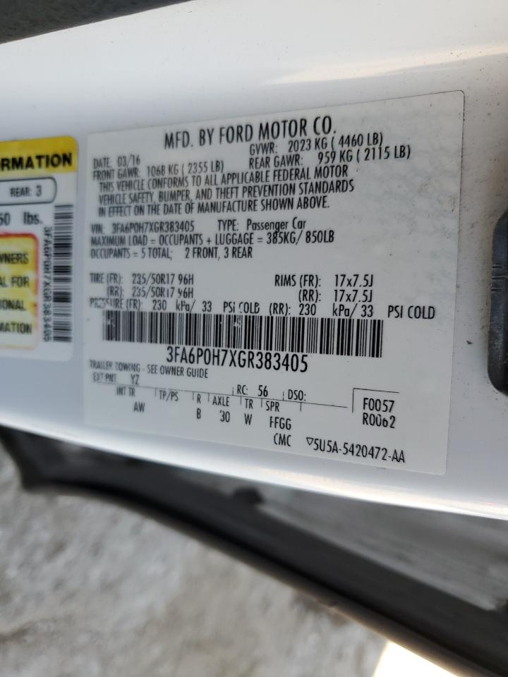 2016 Ford Fusion Se VIN: 3FA6P0H7XGR383405 Lot: 92134335