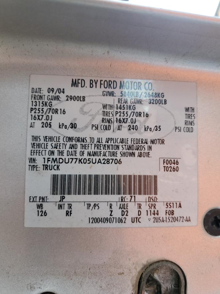 2005 Ford Explorer Sport Trac VIN: 1FMDU77K05UA28706 Lot: 92113385