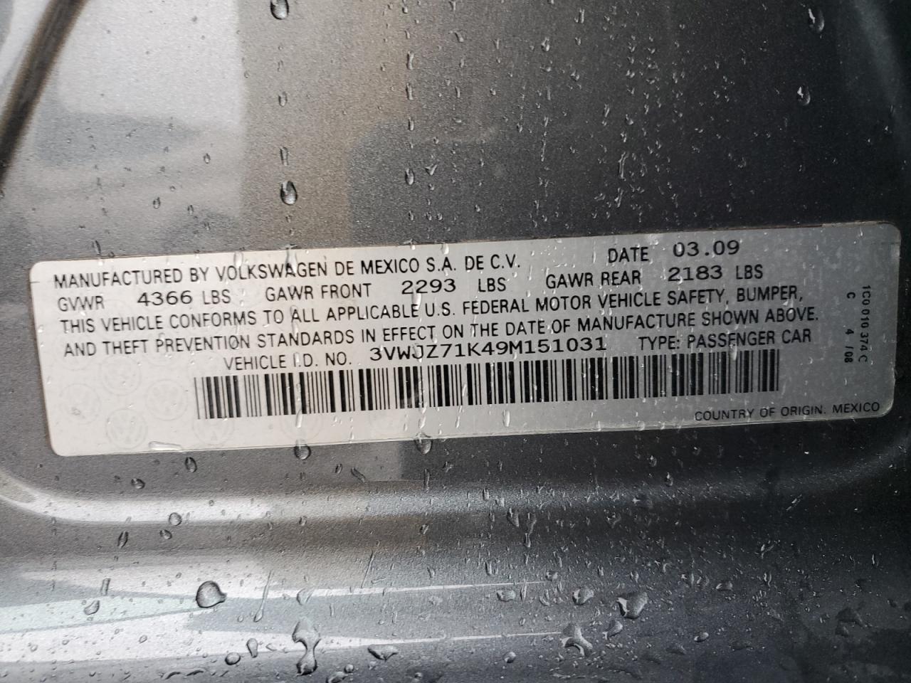 2009 Volkswagen Jetta S VIN: 3VWJZ71K49M151031 Lot: 93944675