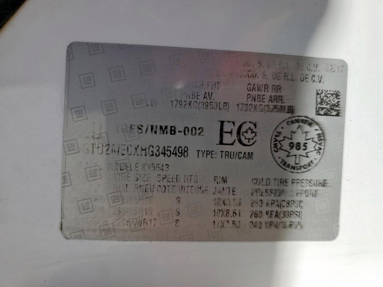 2017 GMC Sierra K1500 Sle VIN: 3GTU2MECXHG345498 Lot: 92292205