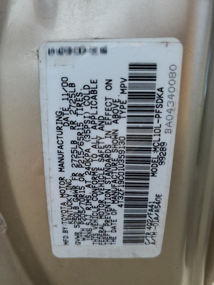 2001 Toyota Sienna Ce VIN: 4T3ZF19C01U359130 Lot: 92535805