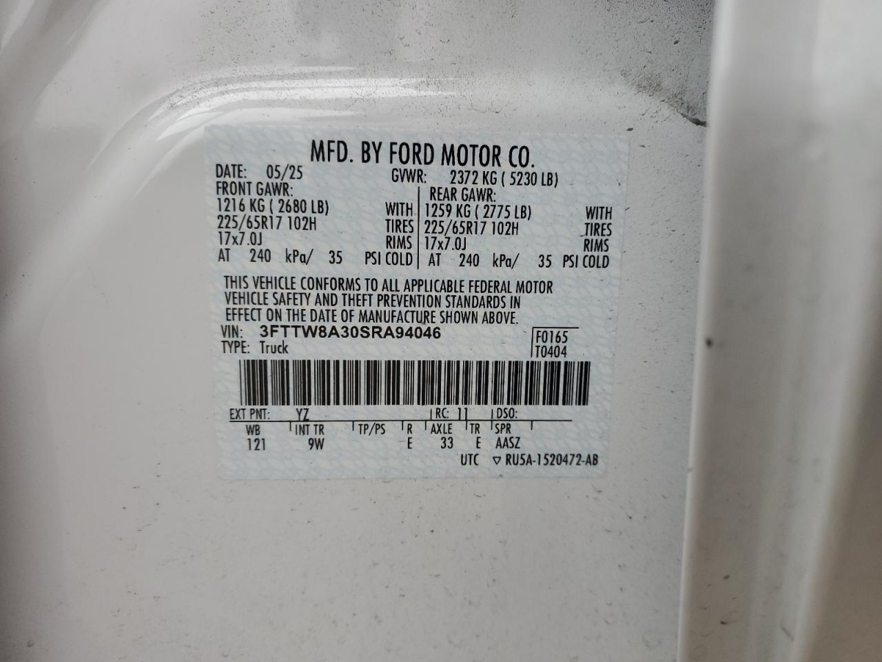 2025 Ford Maverick Xl VIN: 3FTTW8A30SRA94046 Lot: 92609095