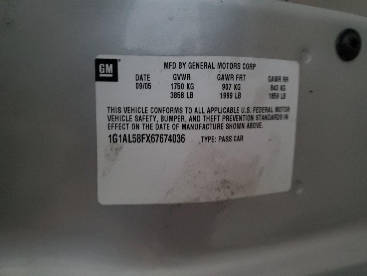 2006 Chevrolet Cobalt Lt VIN: 1G1AL58FX67674036 Lot: 92067695