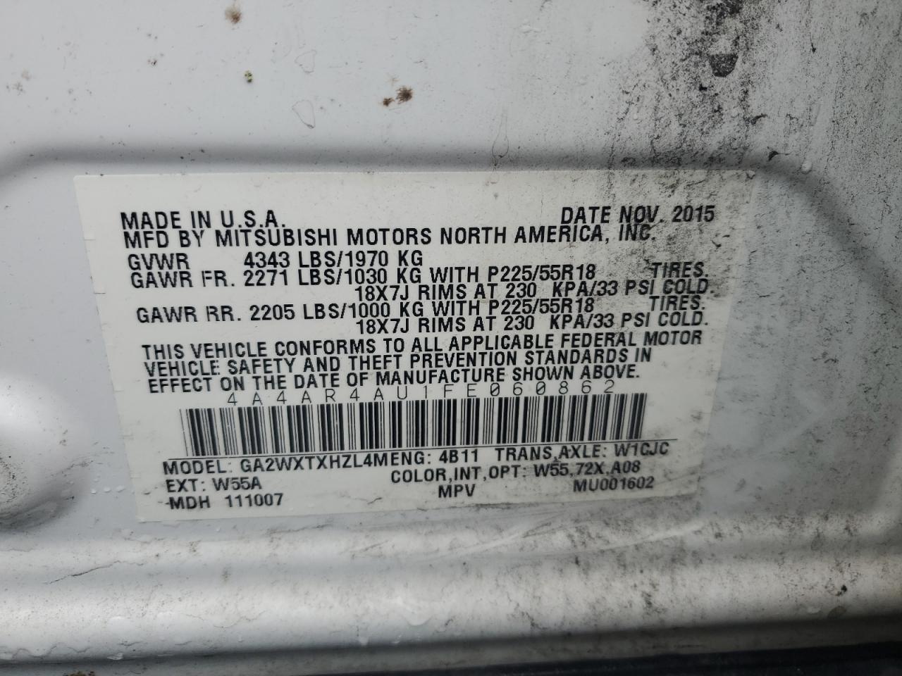 2015 Mitsubishi Outlander Sport Se VIN: 4A4AR4AU1FE060862 Lot: 92380305