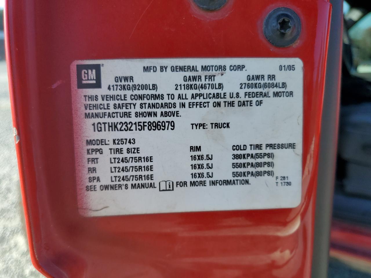 2005 GMC Sierra K2500 Heavy Duty VIN: 1GTHK23215F896979 Lot: 92001965