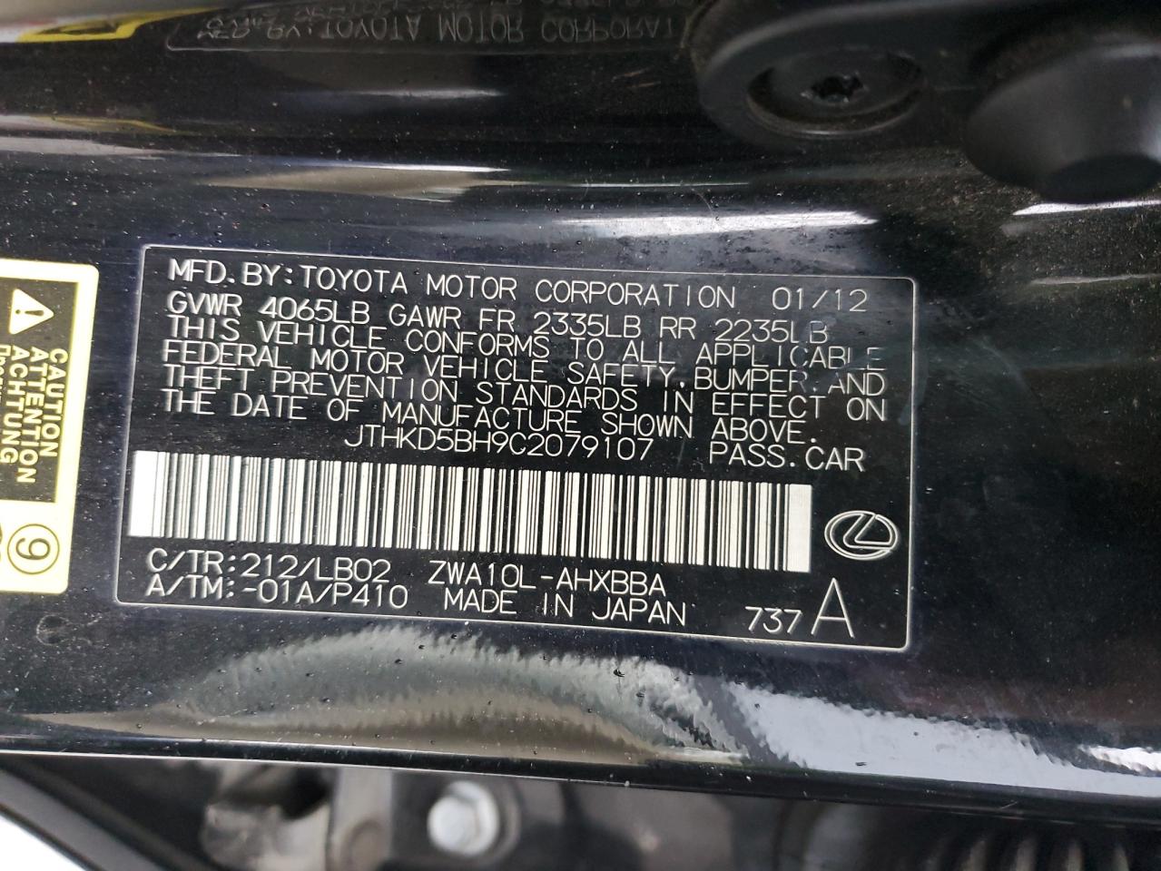 2012 Lexus Ct 200 VIN: JTHKD5BH9C2079107 Lot: 93021365