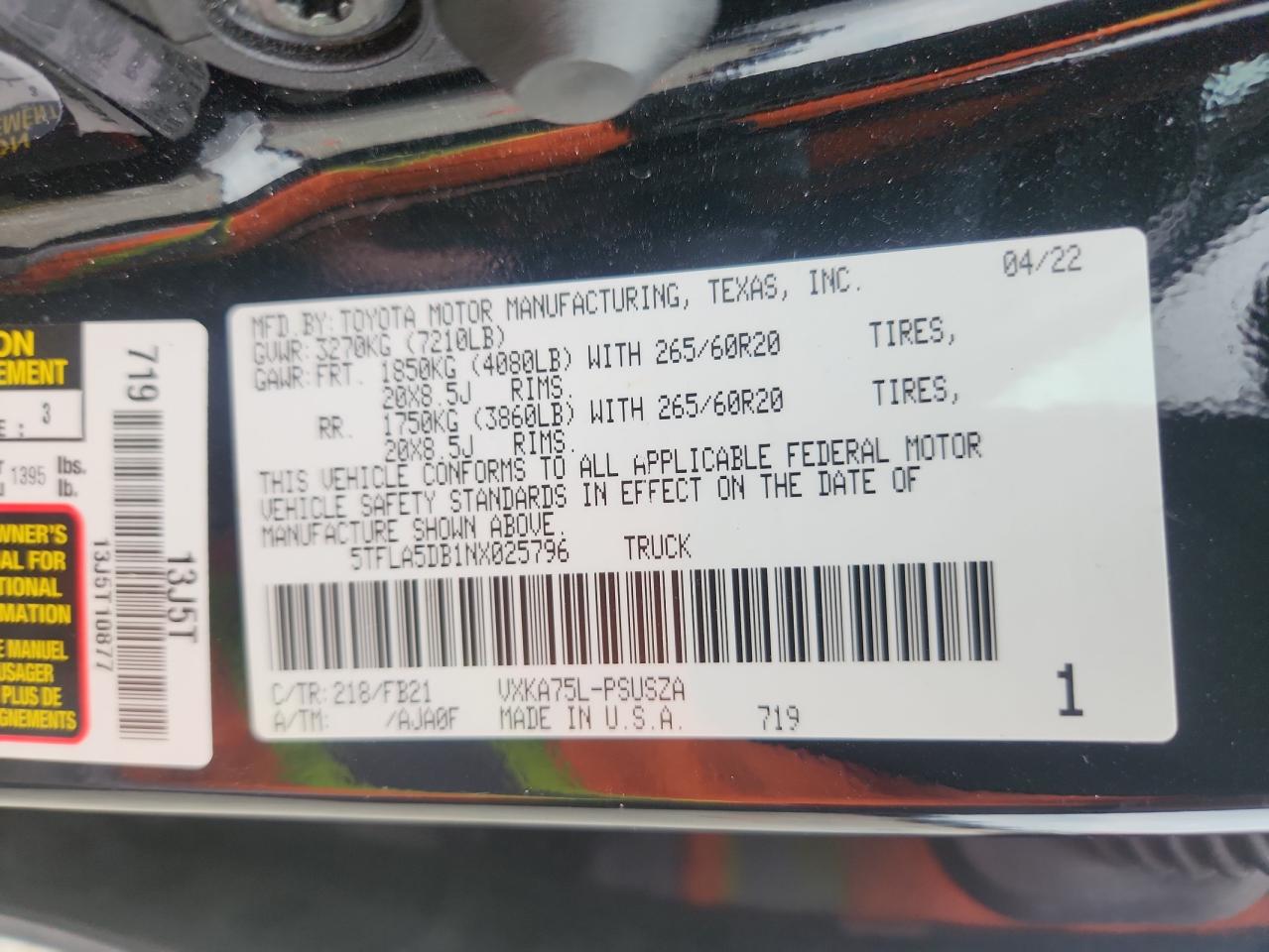 2022 Toyota Tundra Crewmax Sr VIN: 5TFLA5DB1NX025796 Lot: 92315525