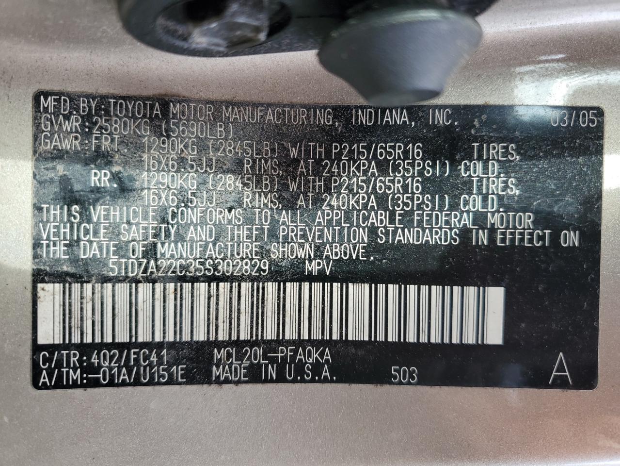 2005 Toyota Sienna Xle VIN: 5TDZA22C35S302829 Lot: 91612095