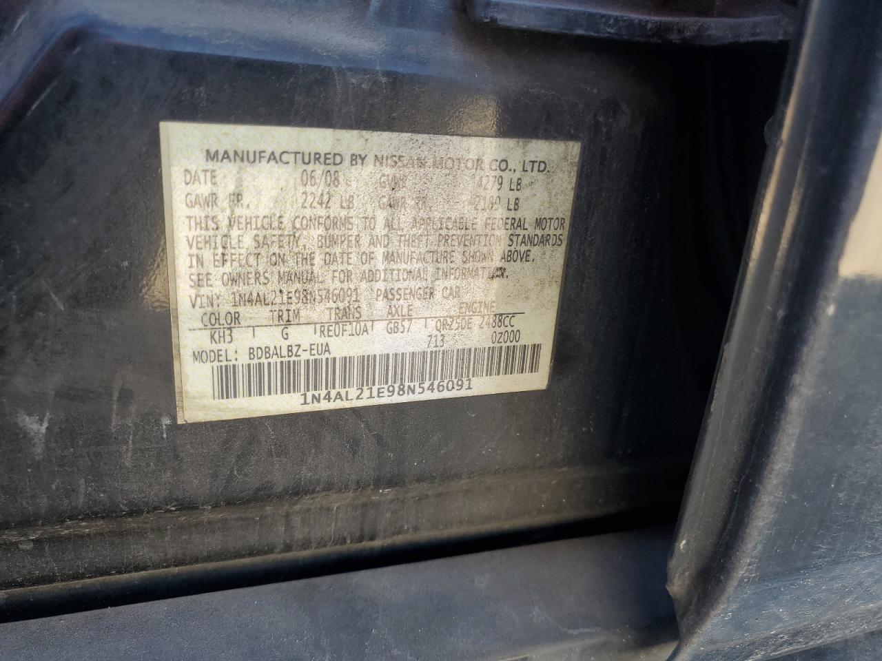 2008 Nissan Altima 2.5 VIN: 1N4AL21E98N546091 Lot: 93275115