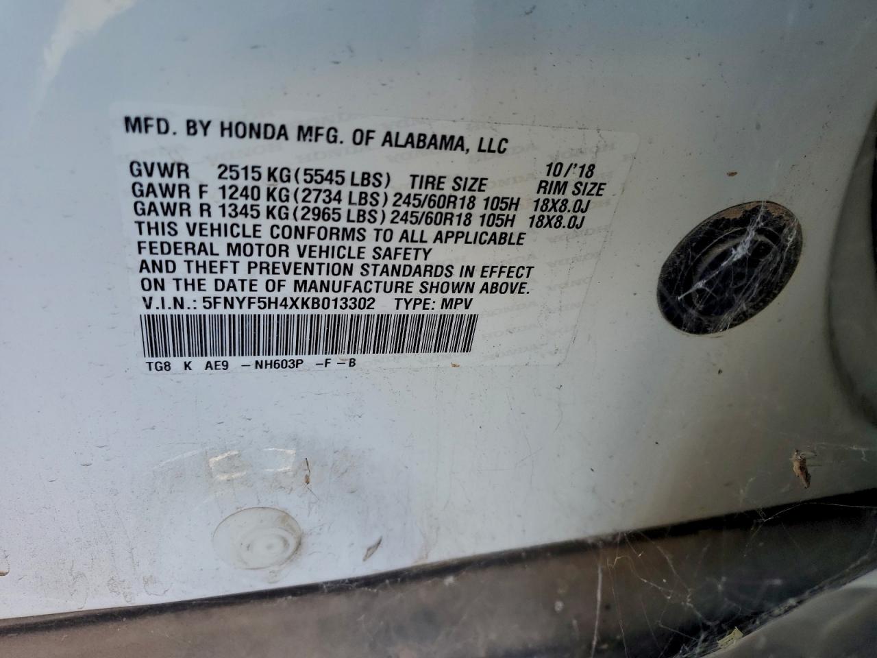 2019 Honda Pilot Exl VIN: 5FNYF5H4XKB013302 Lot: 94349475