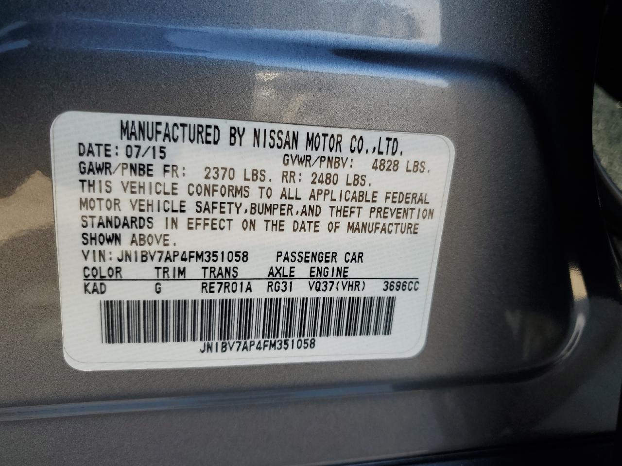 2015 Infiniti Q50 Base VIN: JN1BV7AP4FM351058 Lot: 93376905