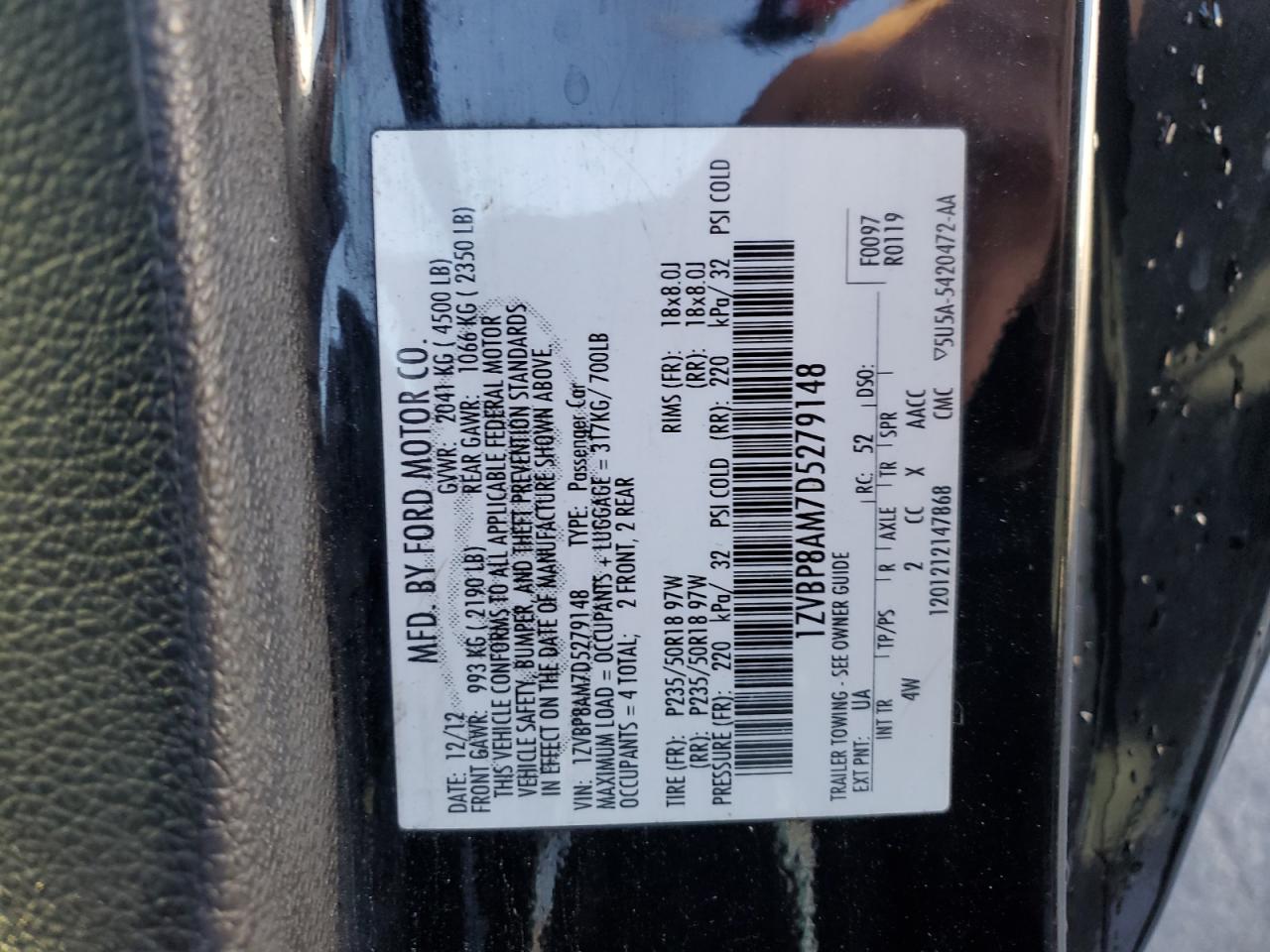 2013 Ford Mustang VIN: 1ZVBP8AM7D5279148 Lot: 91505905