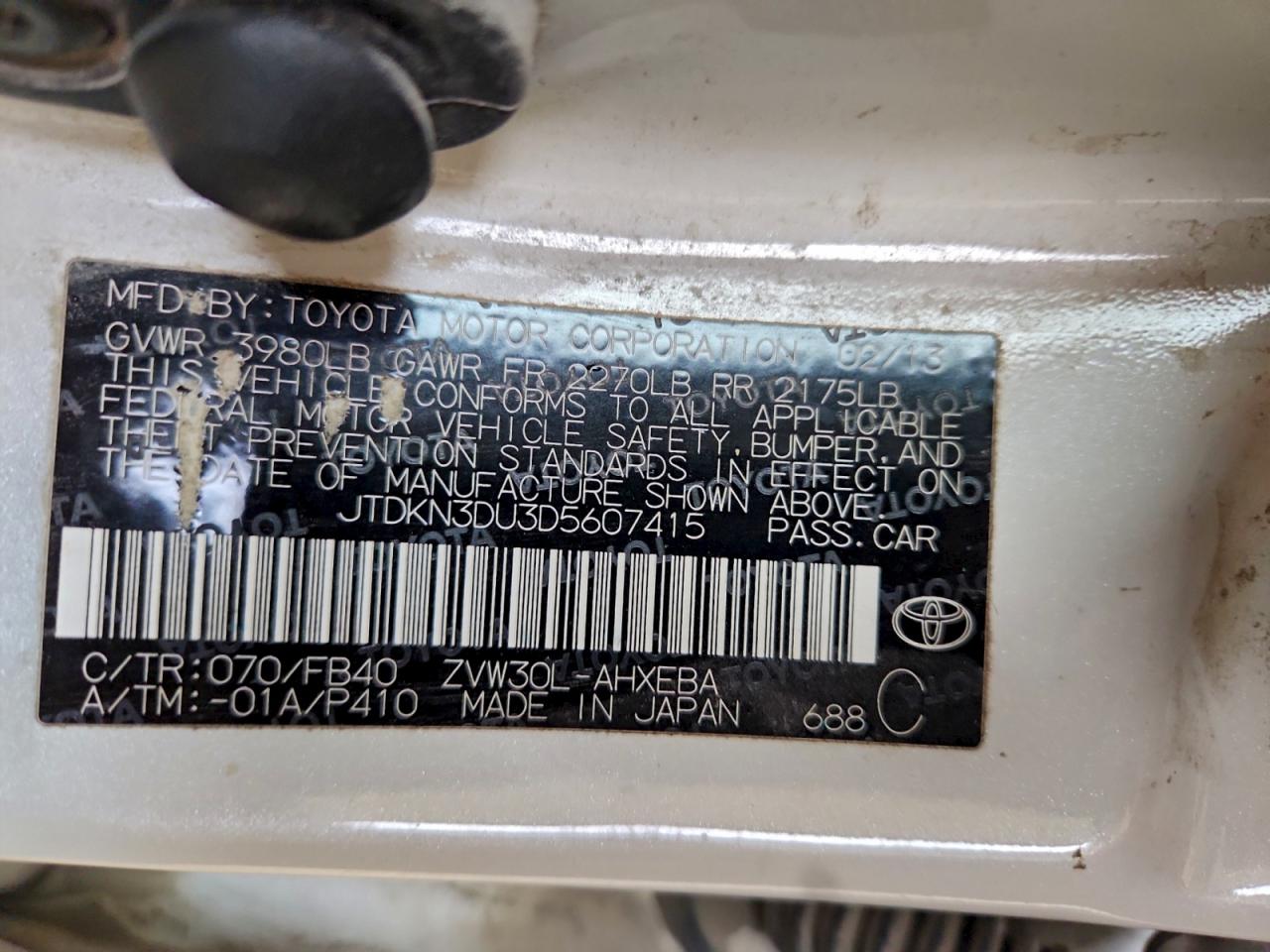 2013 Toyota Prius VIN: JTDKN3DU3D5607415 Lot: 93084165