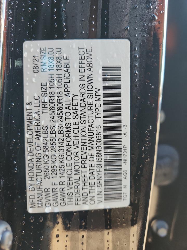 2022 Honda Pilot Exl VIN: 5FNYF6H58NB005816 Lot: 91839135