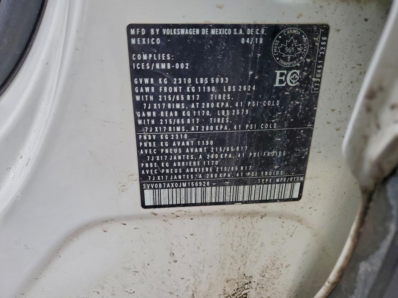 2018 Volkswagen Tiguan S VIN: 3VV0B7AX0JM156926 Lot: 94862055