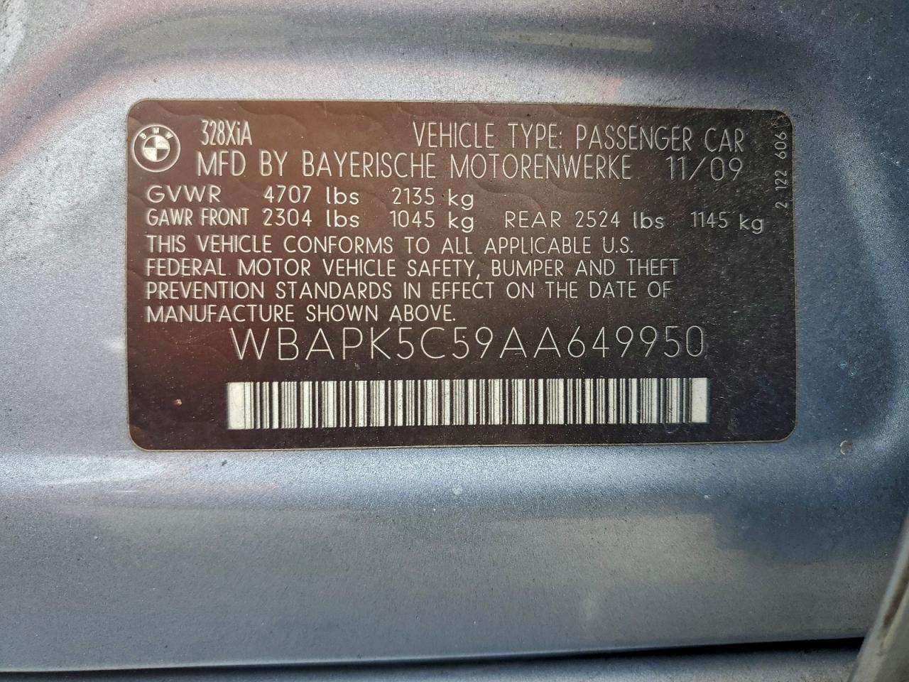 2010 BMW 328 Xi Sulev VIN: WBAPK5C59AA649950 Lot: 93374505