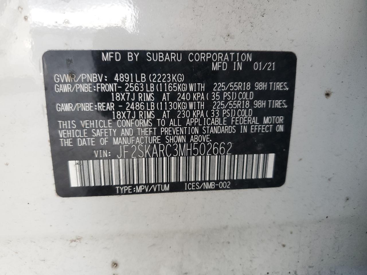 2021 Subaru Forester Sport VIN: JF2SKARC3MH502662 Lot: 93684955