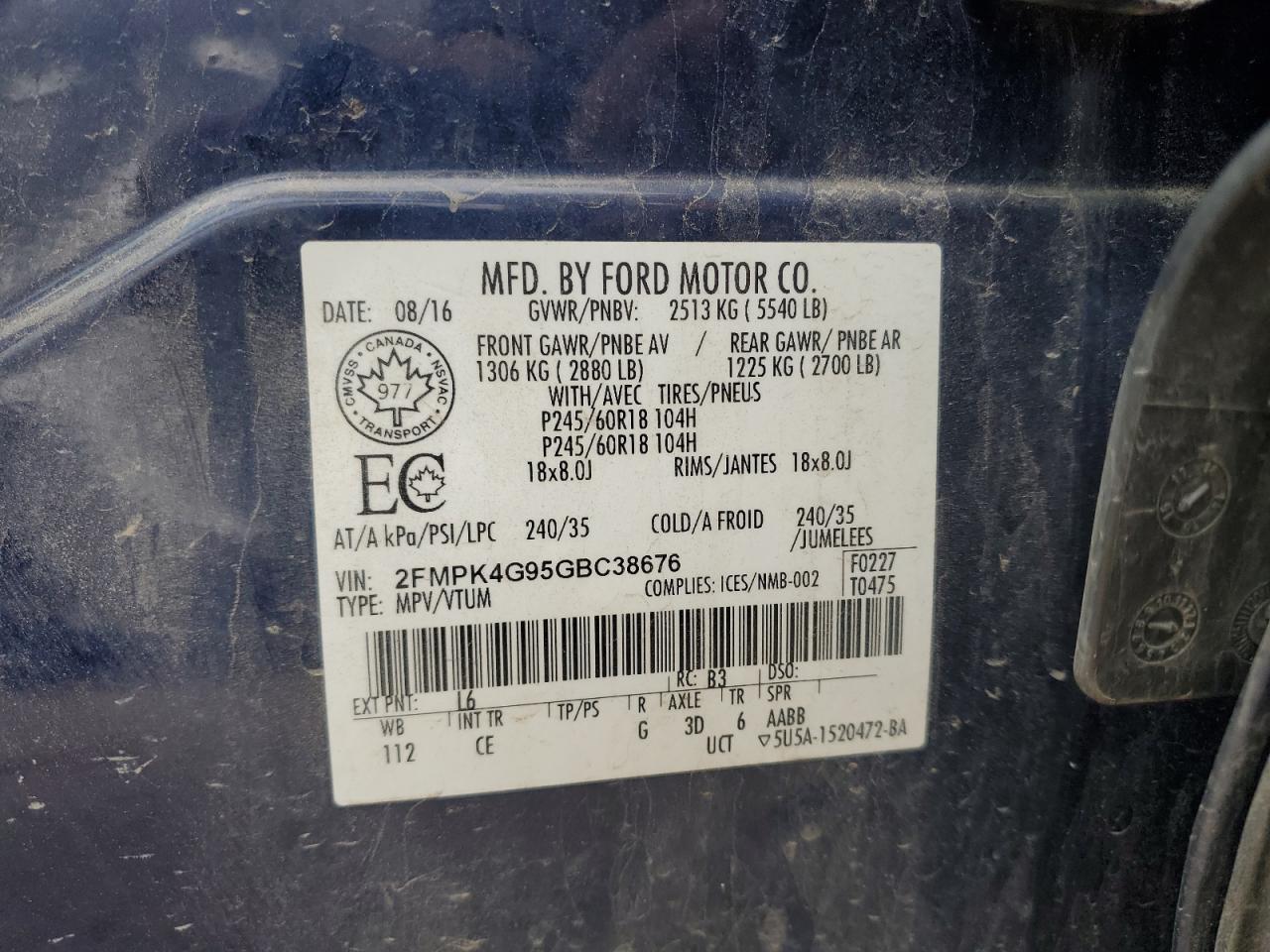 2016 Ford Edge Se VIN: 2FMPK4G95GBC38676 Lot: 91272965