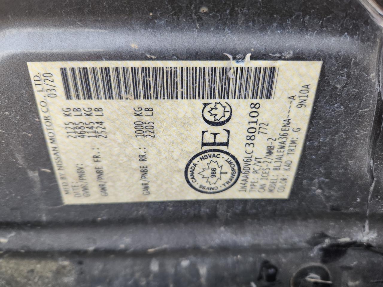 2020 Nissan Maxima Sl VIN: 1N4AA6DV6LC380108 Lot: 91937135