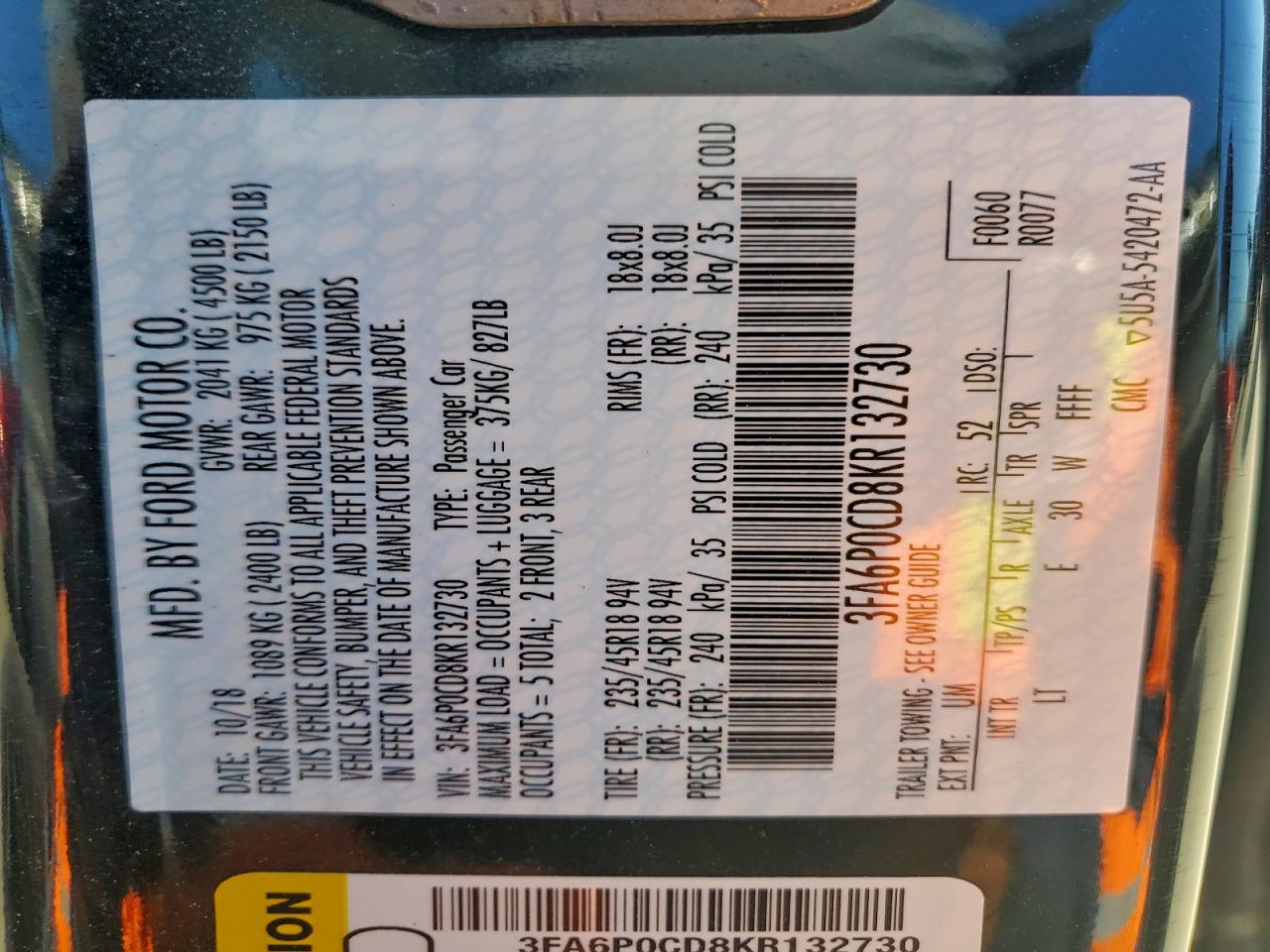 2019 Ford Fusion Sel VIN: 3FA6P0CD8KR132730 Lot: 92533875