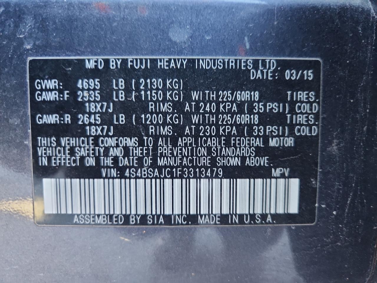 2015 Subaru Outback 2.5I Limited VIN: 4S4BSAJC1F3313479 Lot: 90780895