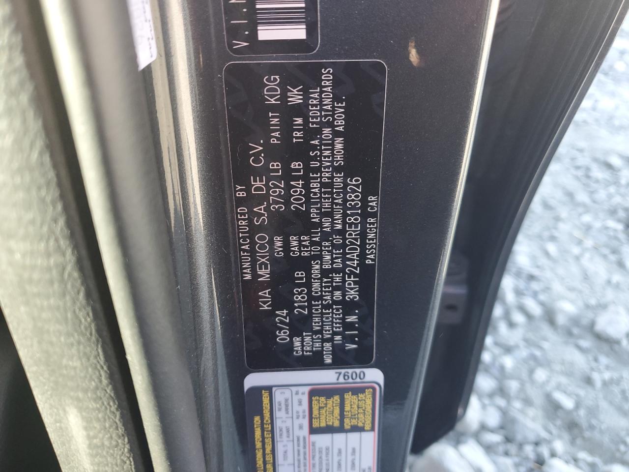 2024 Kia Forte Lx VIN: 3KPF24AD2RE813826 Lot: 92276155