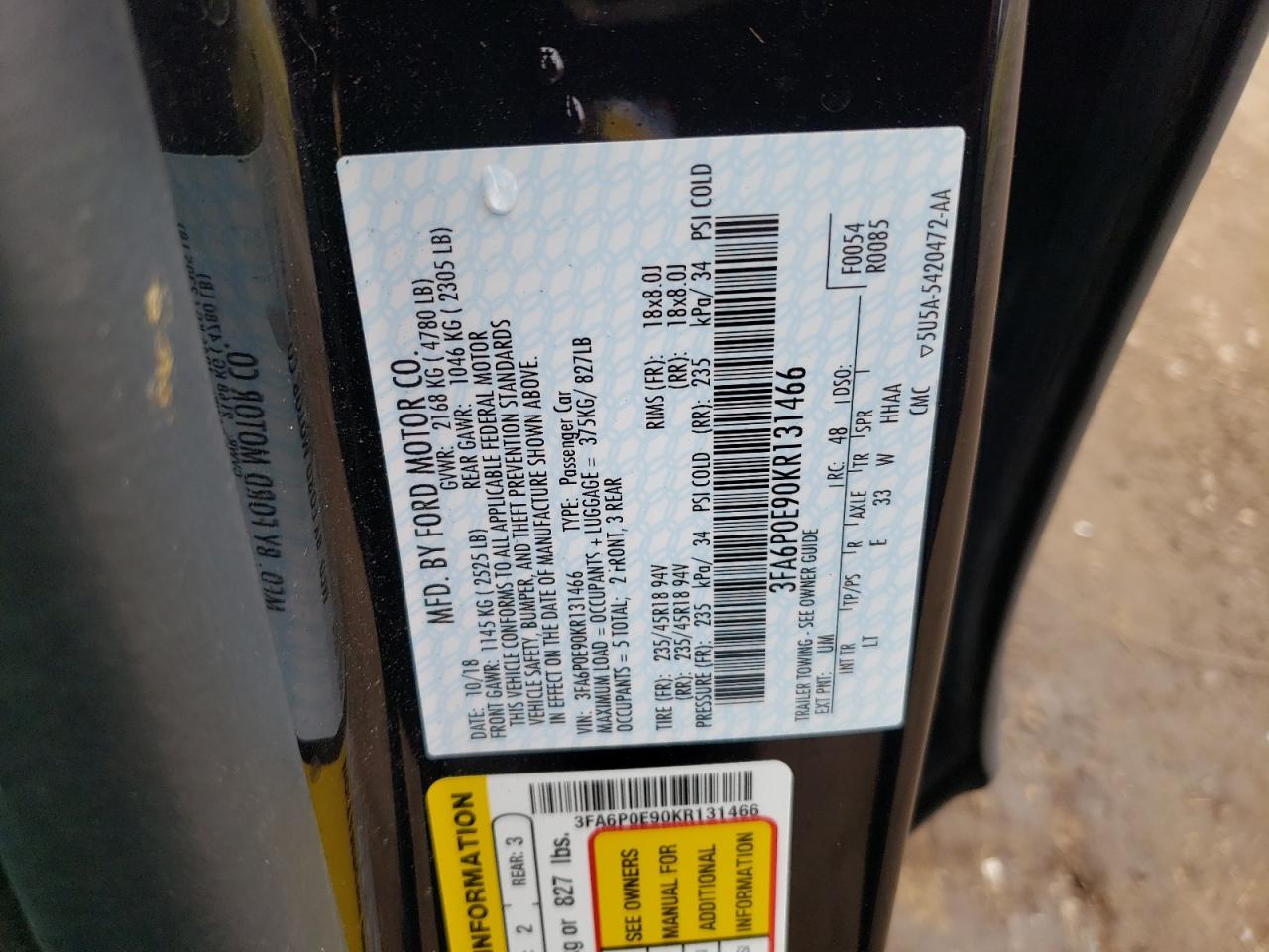 2019 Ford Fusion Sel VIN: 3FA6P0E90KR131466 Lot: 93495295