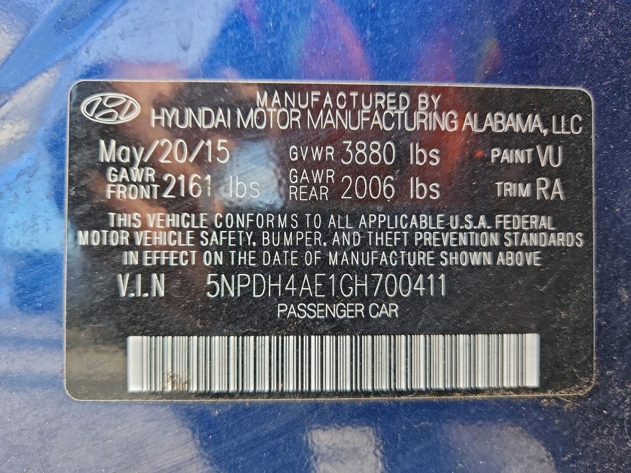 2016 Hyundai Elantra Se VIN: 5NPDH4AE1GH700411 Lot: 94810455