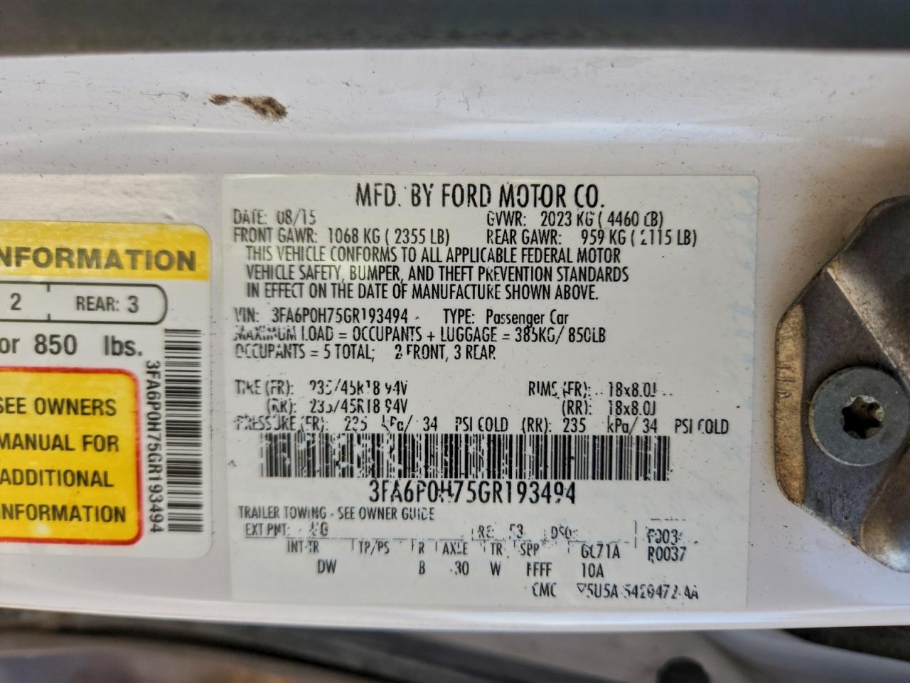 2016 Ford Fusion Se VIN: 3FA6P0H75GR193494 Lot: 94302035