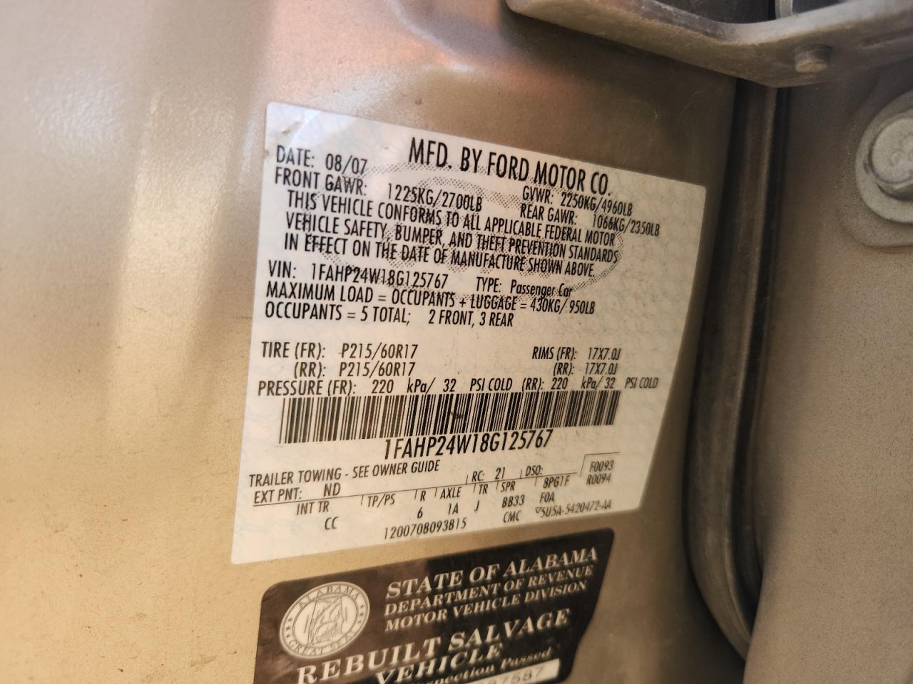 2008 Ford Taurus Sel VIN: 1FAHP24W18G125767 Lot: 93438695