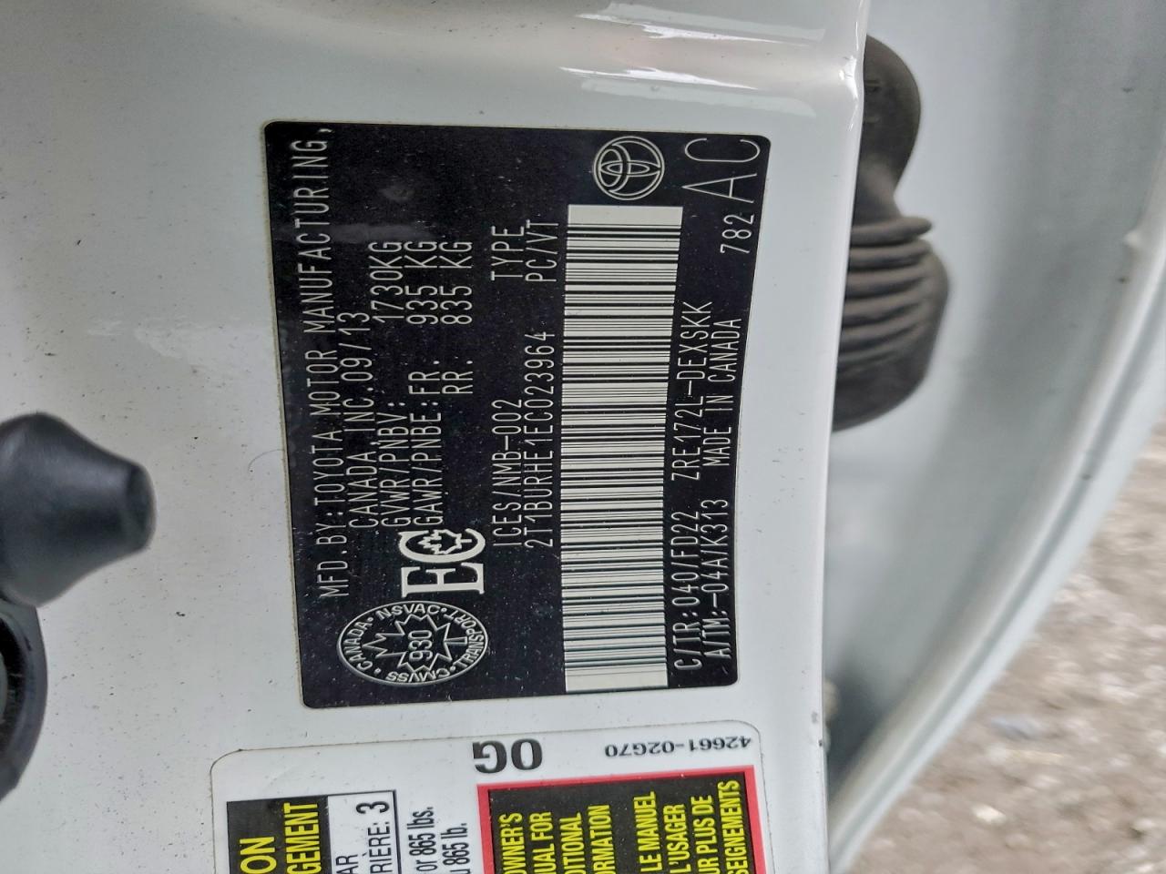 2014 Toyota Corolla L VIN: 2T1BURHE1EC023964 Lot: 91739325