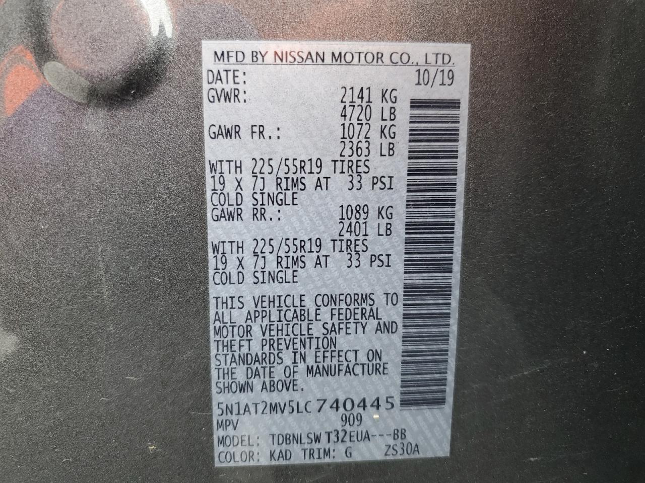 2020 Nissan Rogue S VIN: 5N1AT2MV5LC740445 Lot: 92502215