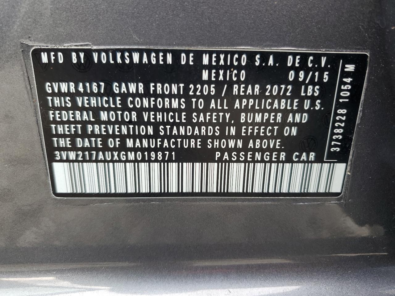 2016 Volkswagen Golf S/Se VIN: 3VW217AUXGM019871 Lot: 92019325