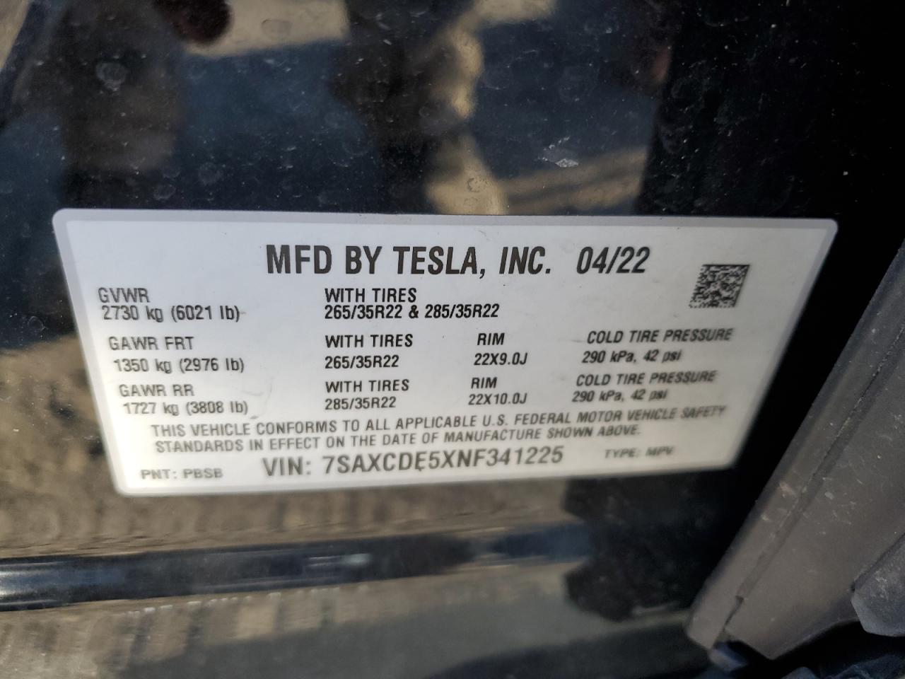 2022 Tesla Model X VIN: 7SAXCDE5XNF341225 Lot: 90900725