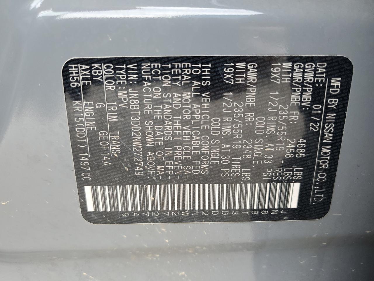 2022 Nissan Rogue Platinum VIN: JN8BT3DD2NW272749 Lot: 92132005